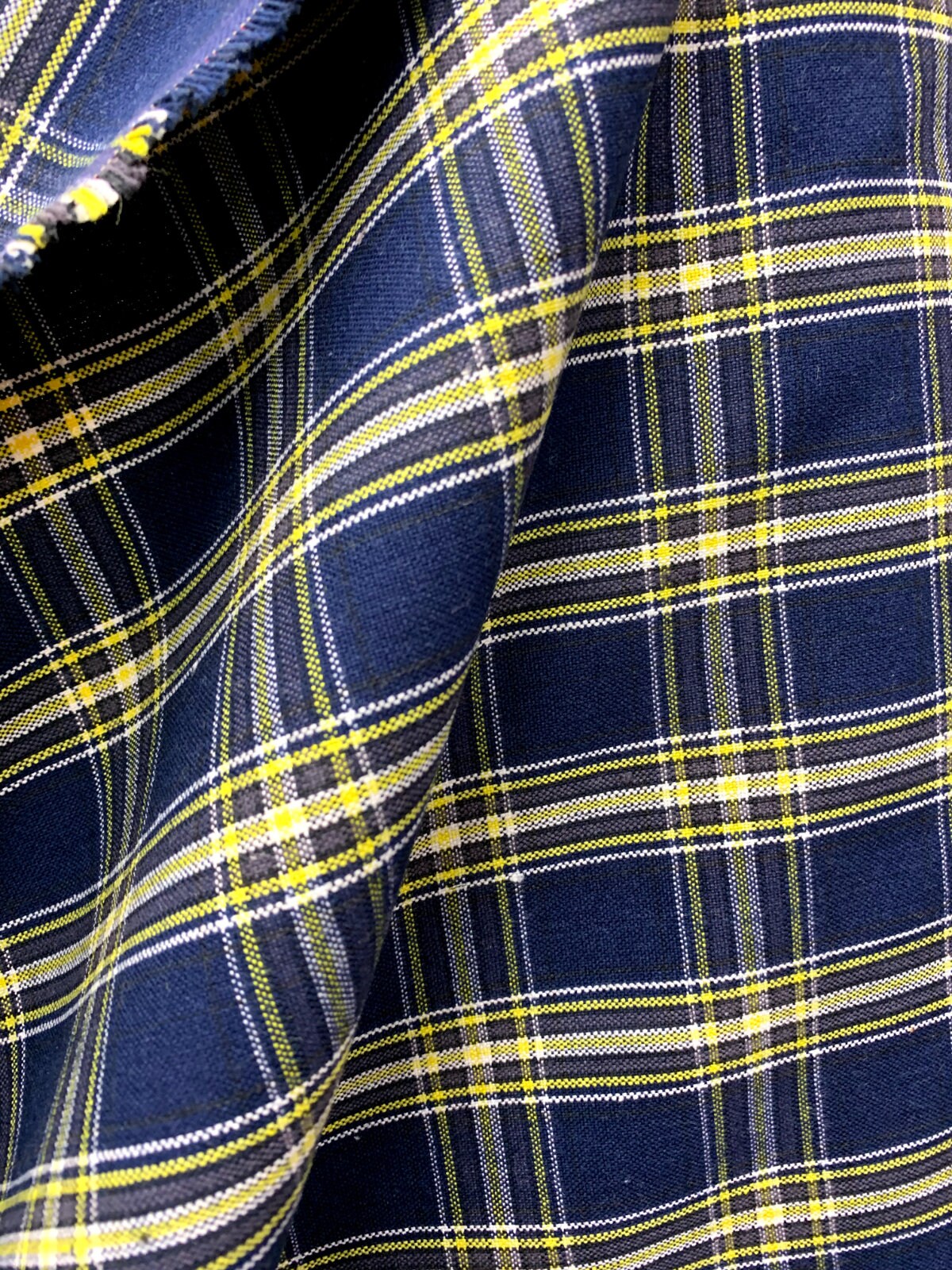 Dark Navy Yellow White Plaid Poly Cotton Uniform Poplin Fabric (60 in.) Sold By The Yard