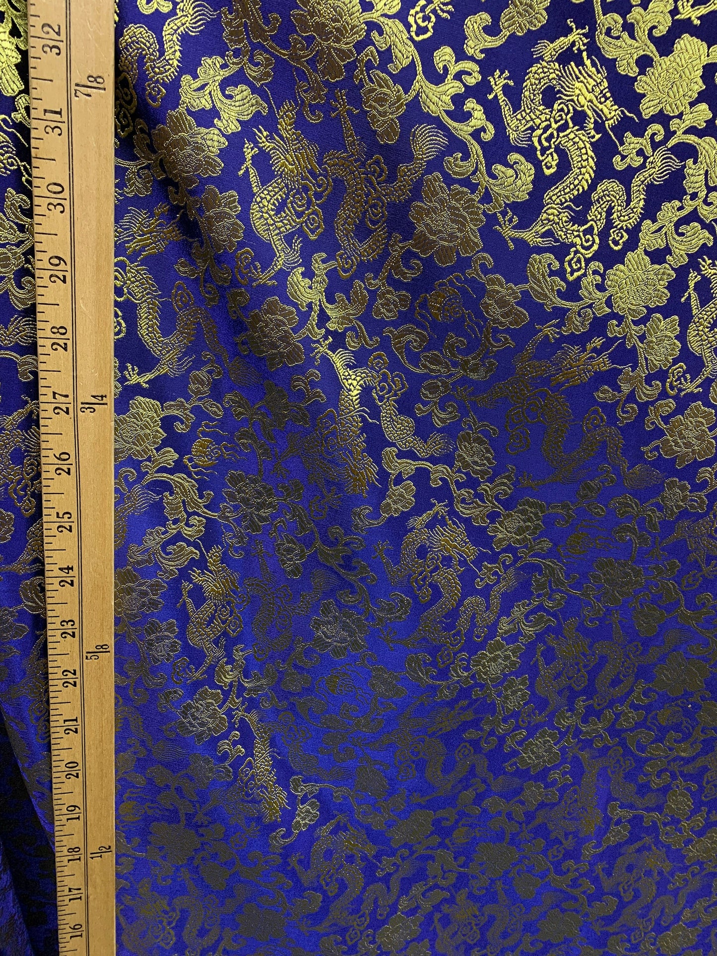 DARK BLUE GOLD Metallic Dragon Floral Brocade Fabric (45 in.) Sold By The Yard