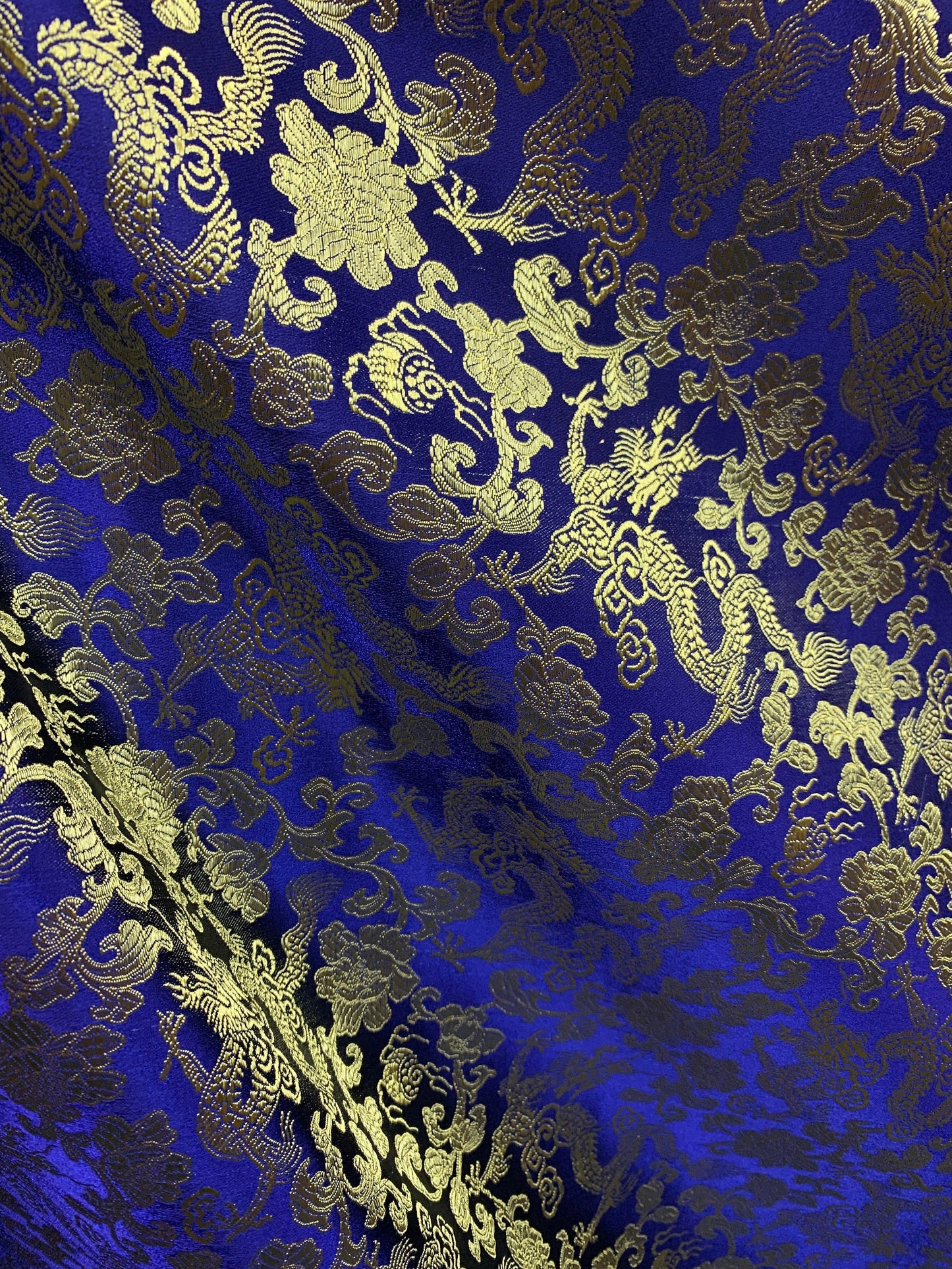 DARK BLUE GOLD Metallic Dragon Floral Brocade Fabric (45 in.) Sold By The Yard