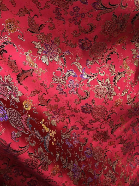 RED MULTICOLOR Metallic Floral Brocade Fabric (56 in.) Sold By The Yard