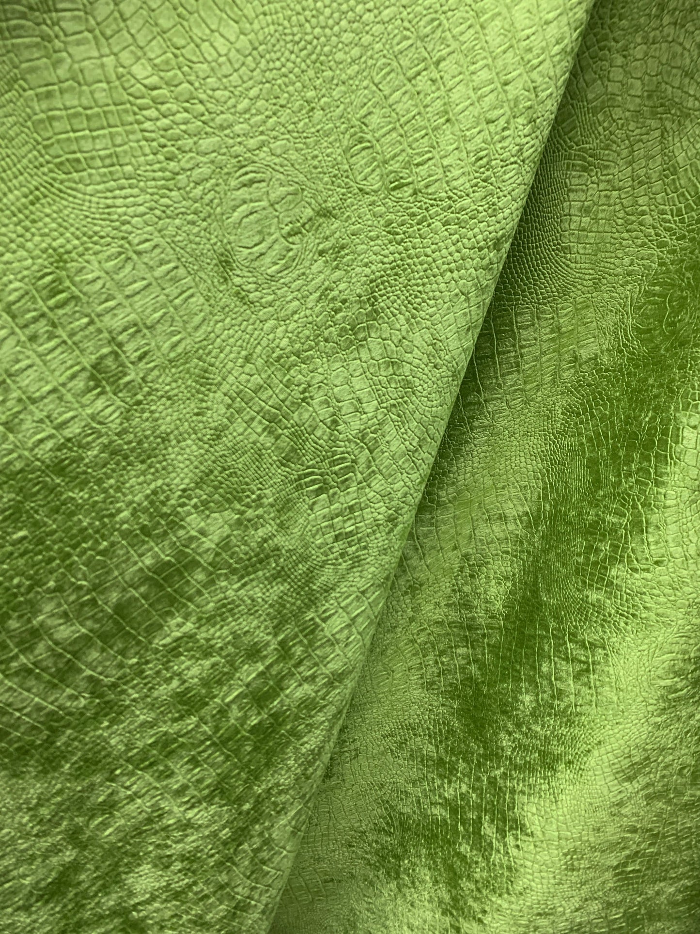 LIME GREEN Alligator Crocodile Embossed Chenille Velvet Fabric (56 in.) Sold By The Yard