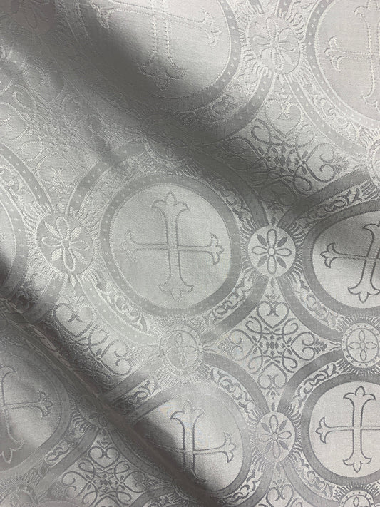 WHITE Liturgical Cross Brocade Fabric (55 in.) Sold By The Yard