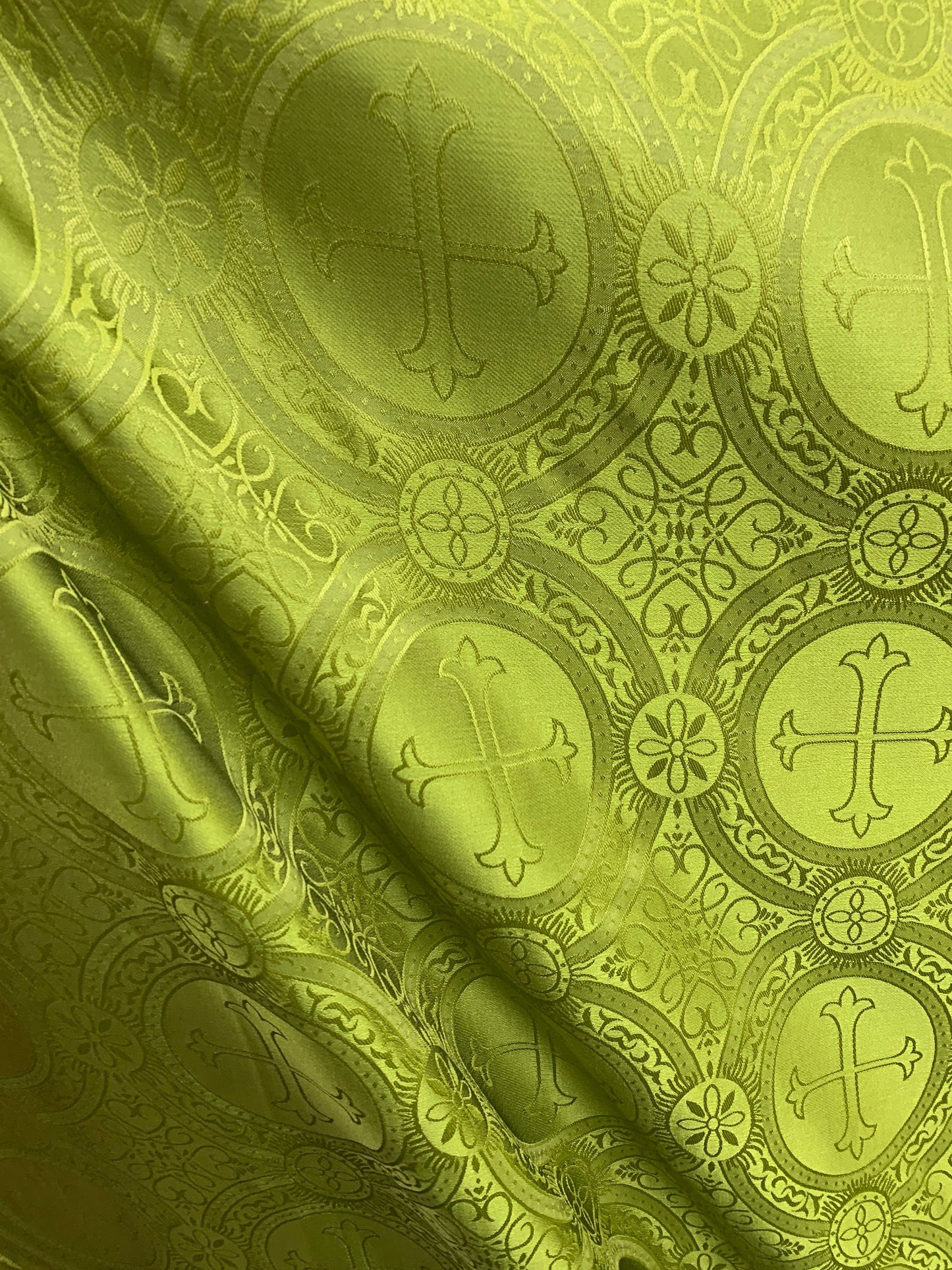 OLIVE Liturgical Cross Brocade Fabric (55 in.) Sold By The Yard