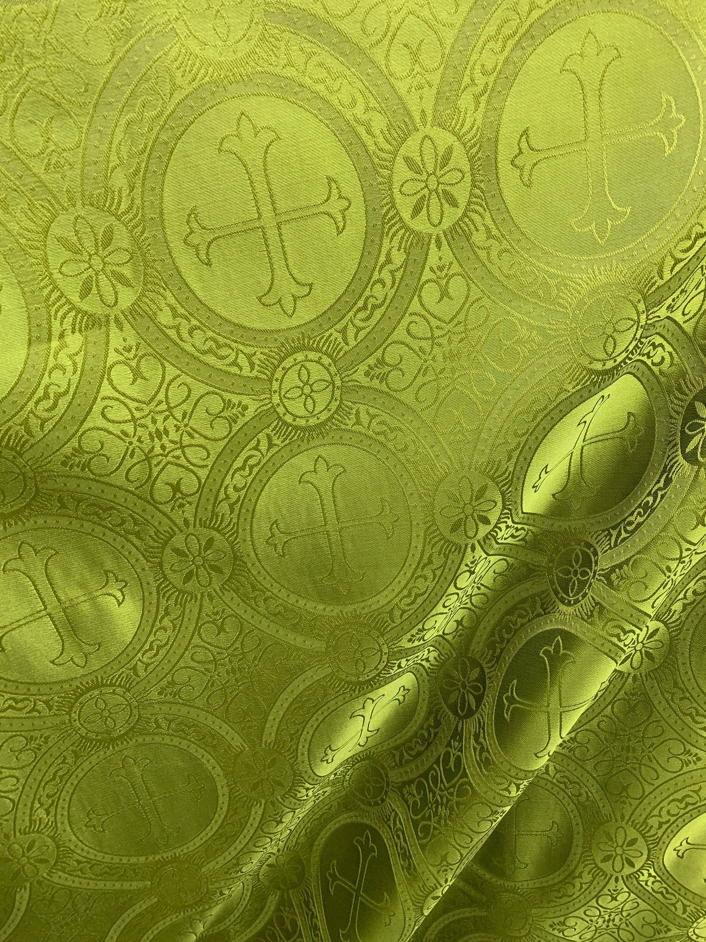 OLIVE Liturgical Cross Brocade Fabric (55 in.) Sold By The Yard