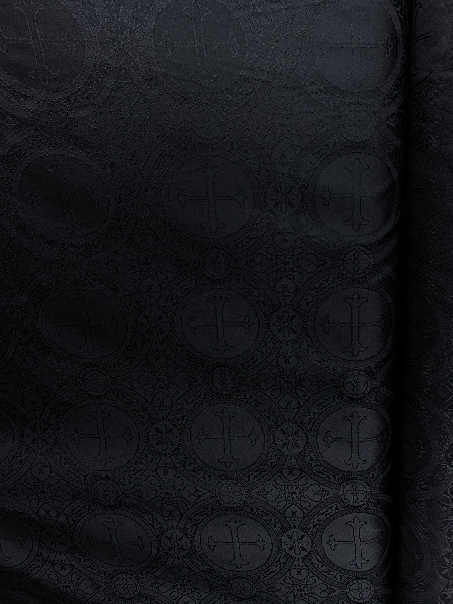 BLACK Liturgical Cross Brocade Fabric (55 in.) Sold By The Yard