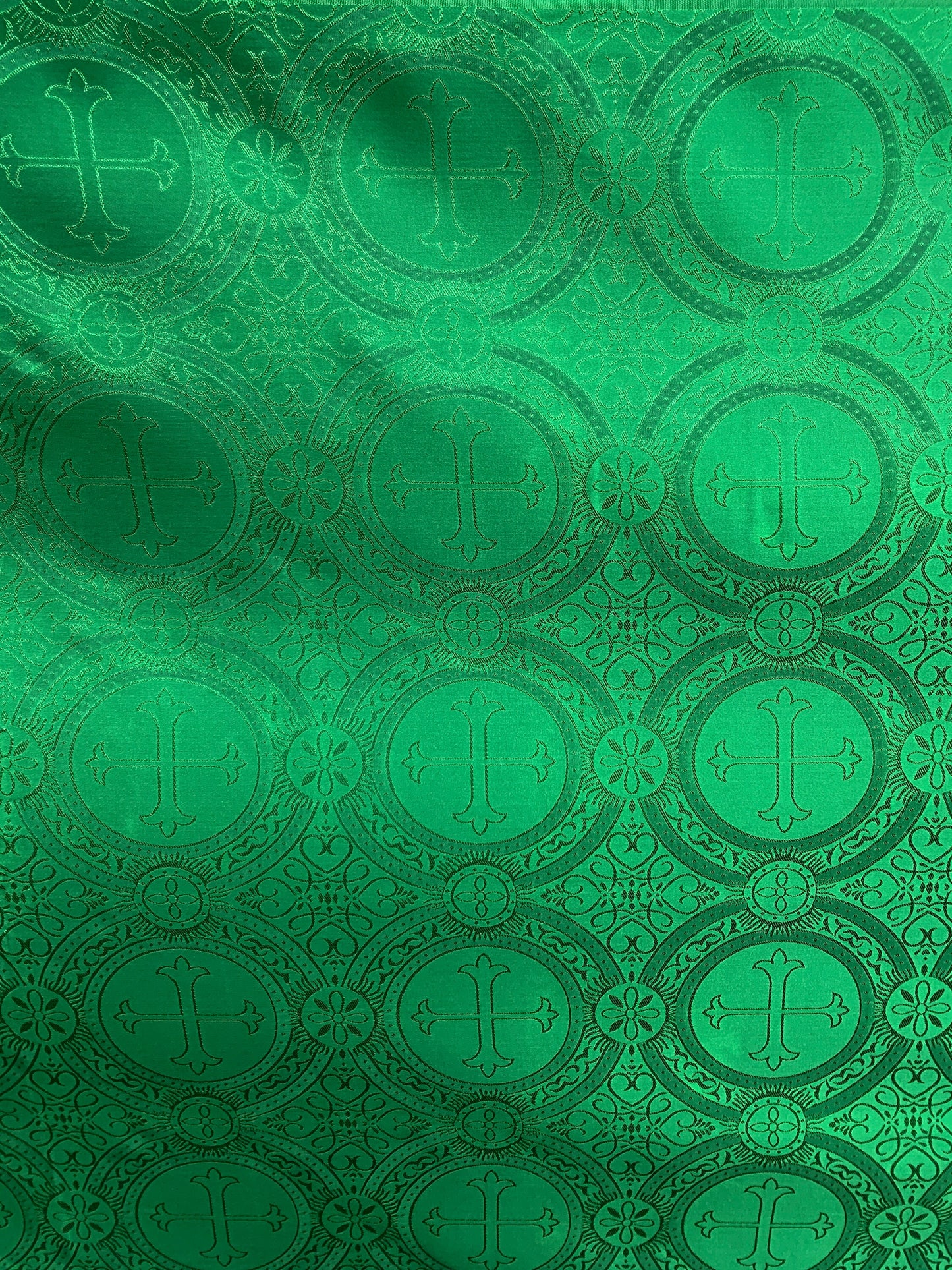 EMERALD GREEN Liturgical Cross Brocade Fabric (55 in.) Sold By The Yard