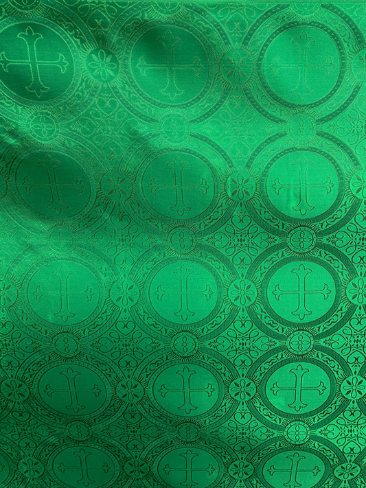 EMERALD GREEN Liturgical Cross Brocade Fabric (55 in.) Sold By The Yard