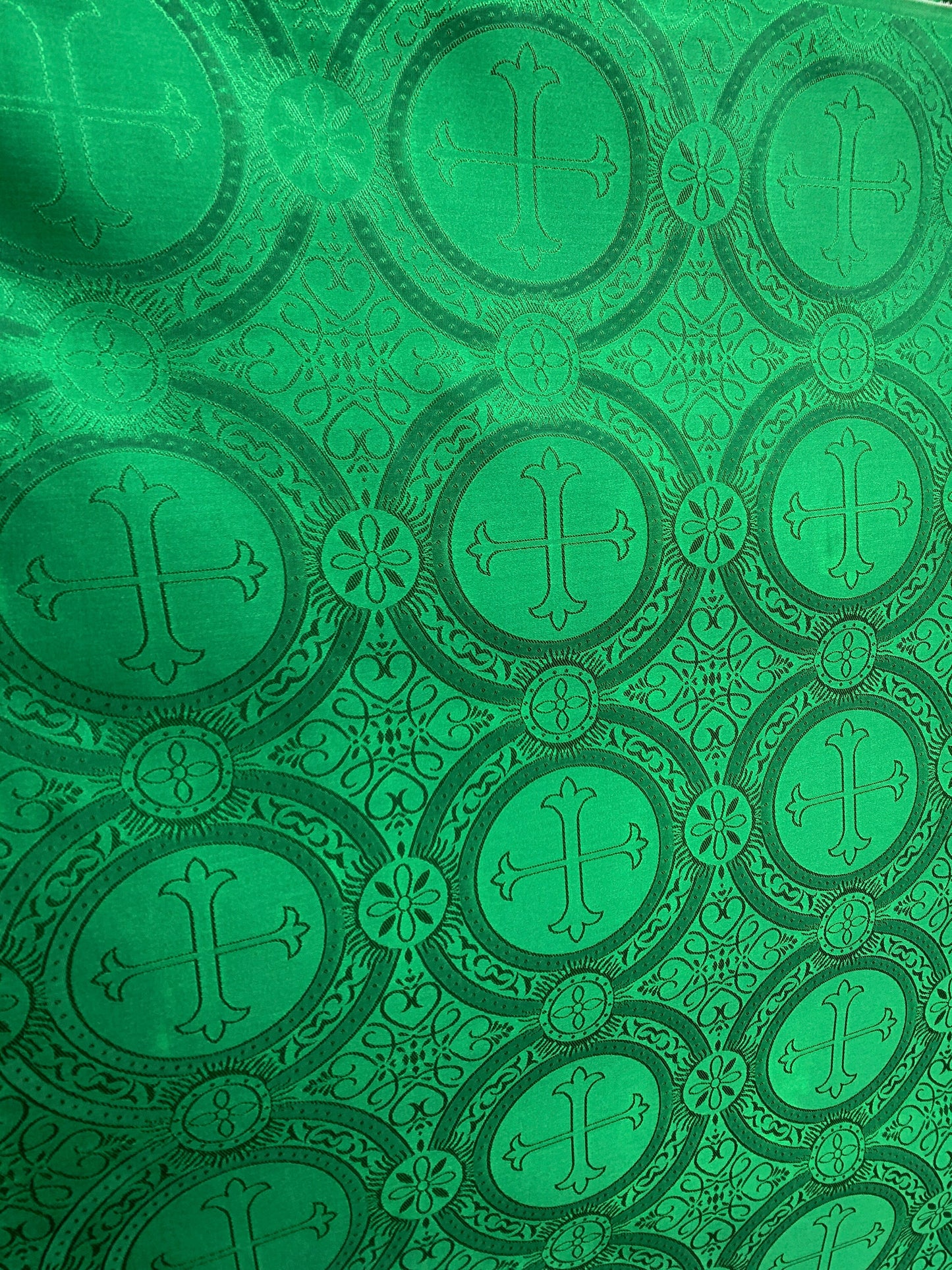 EMERALD GREEN Liturgical Cross Brocade Fabric (55 in.) Sold By The Yard