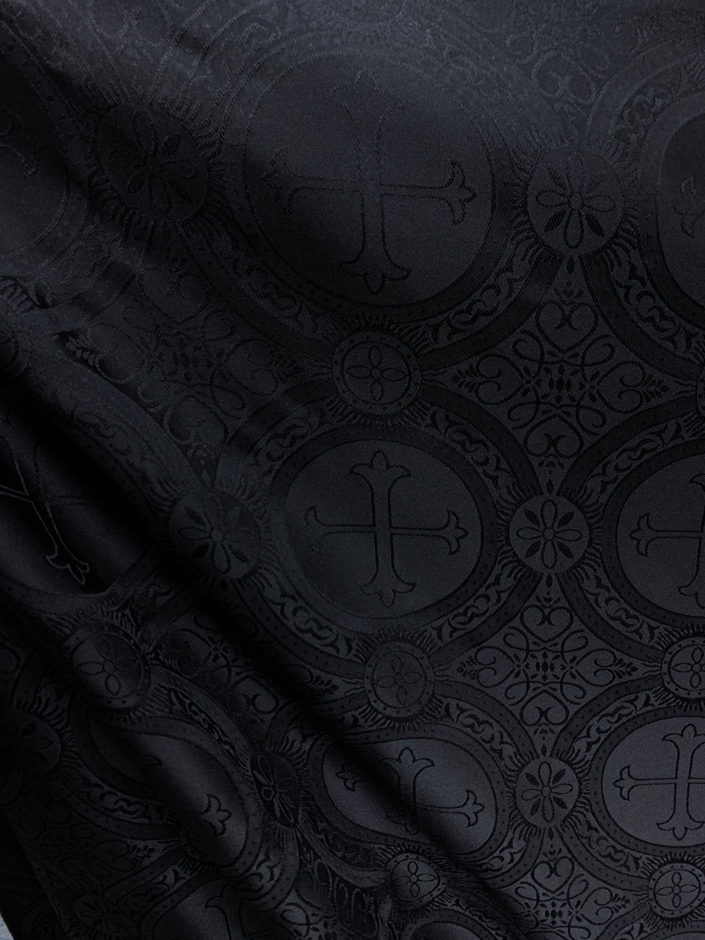 BLACK Liturgical Cross Brocade Fabric (55 in.) Sold By The Yard