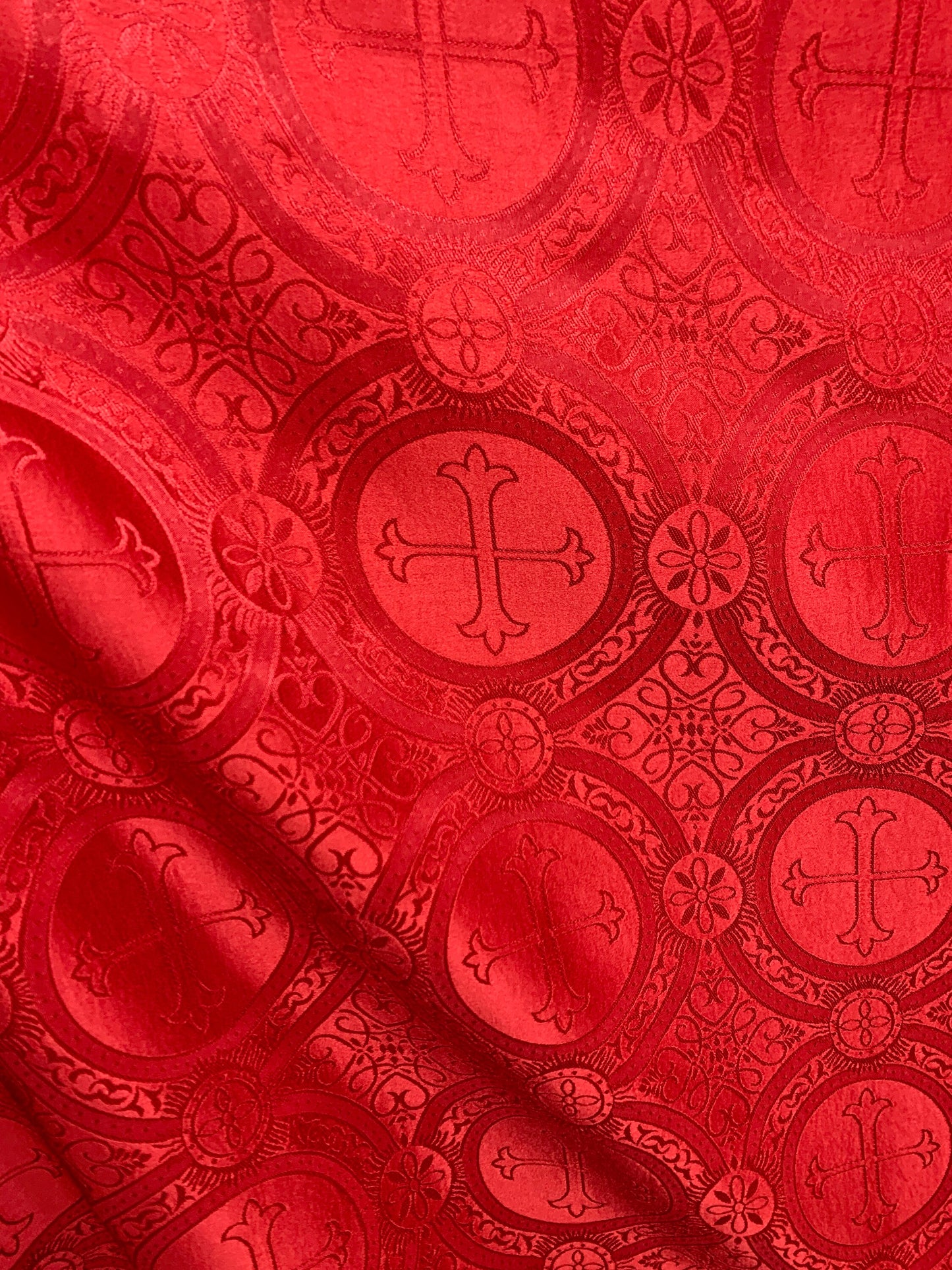 RED Liturgical Cross Brocade Fabric (55 in.) Sold By The Yard