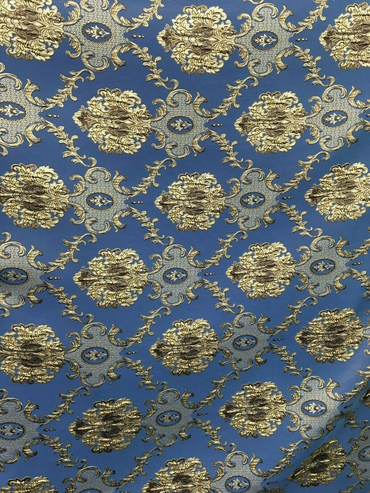 BLUE BEIGE BROWN Damask Brocade Upholstery Drapery Fabric (54 in.) Sold By The Yard