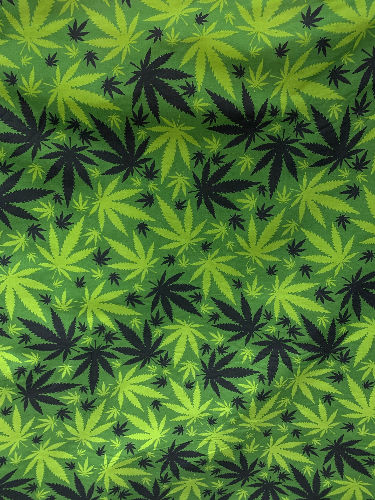 GREEN Marijuana Cannabis Leaf Printed Poly Cotton Fabric (58 in.) Sold By The Yard