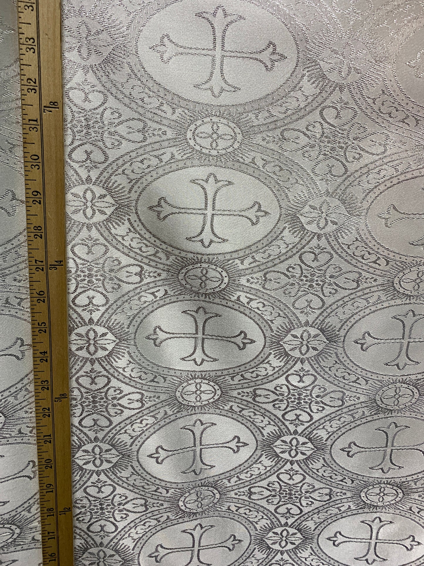 SILVER Metallic Liturgical Cross Brocade Fabric (55 in.) Sold By The Yard