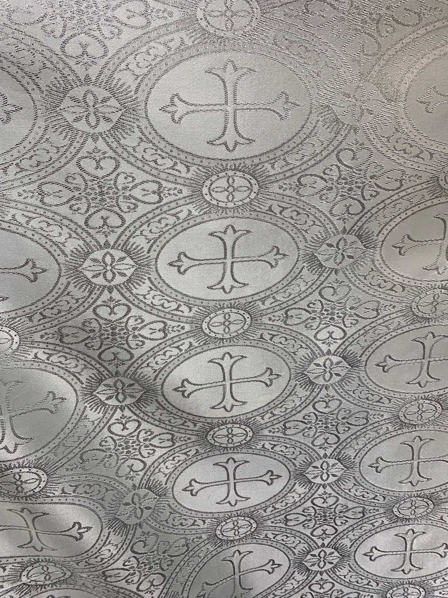 SILVER Metallic Liturgical Cross Brocade Fabric (55 in.) Sold By The Yard