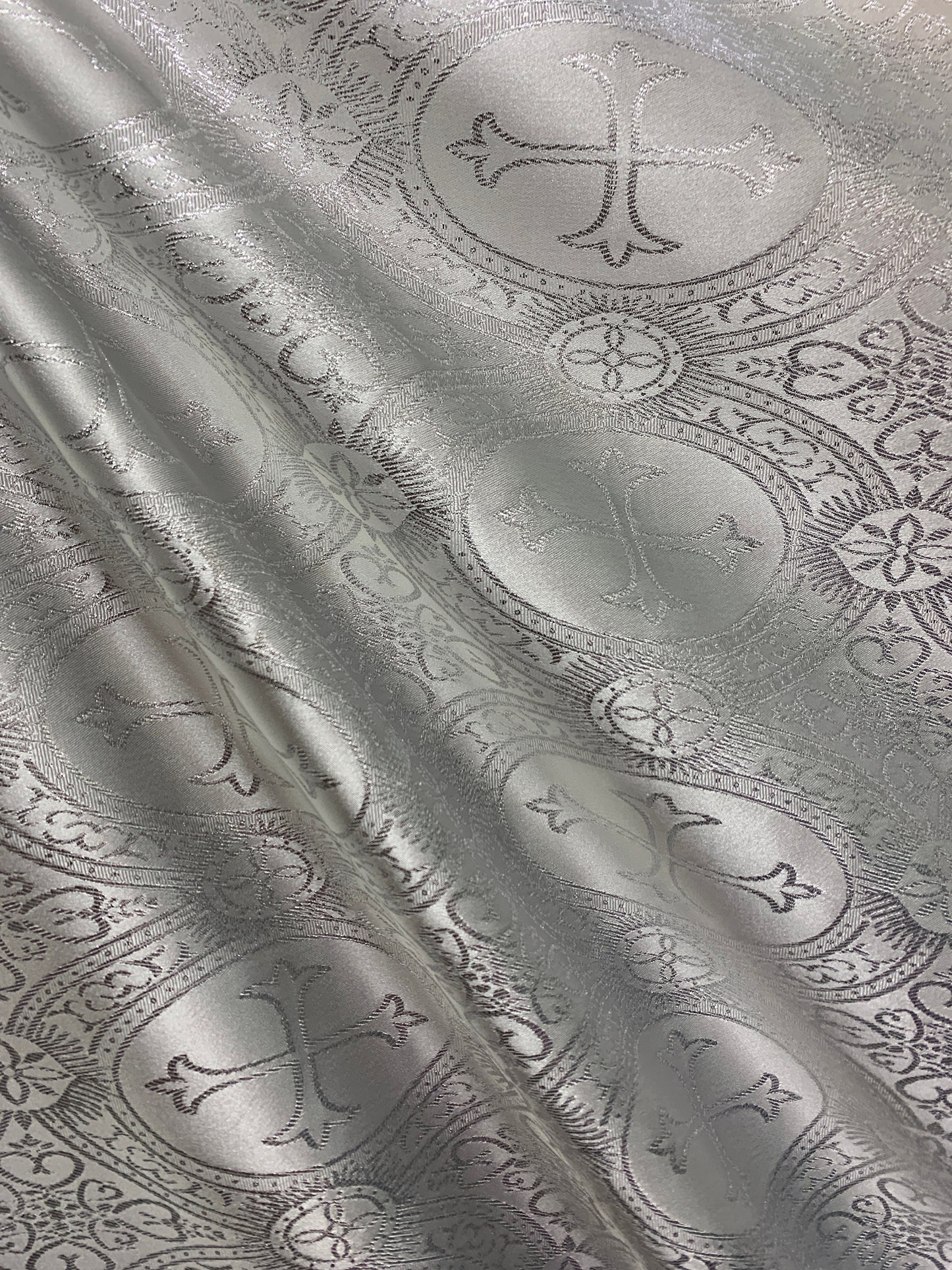 SILVER Metallic Liturgical Cross Brocade Fabric (55 in.) Sold By The Yard