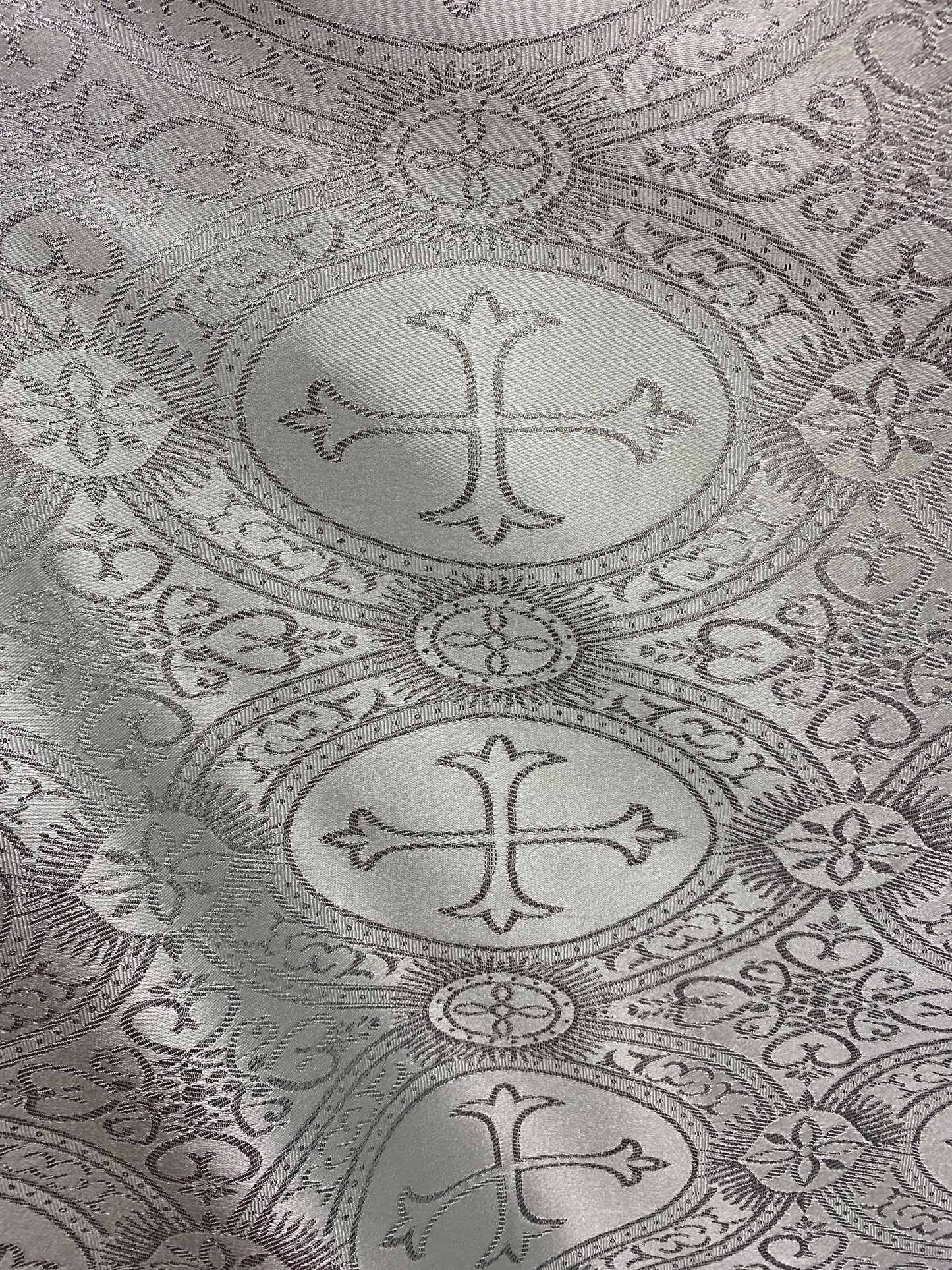 SILVER Metallic Liturgical Cross Brocade Fabric (55 in.) Sold By The Yard