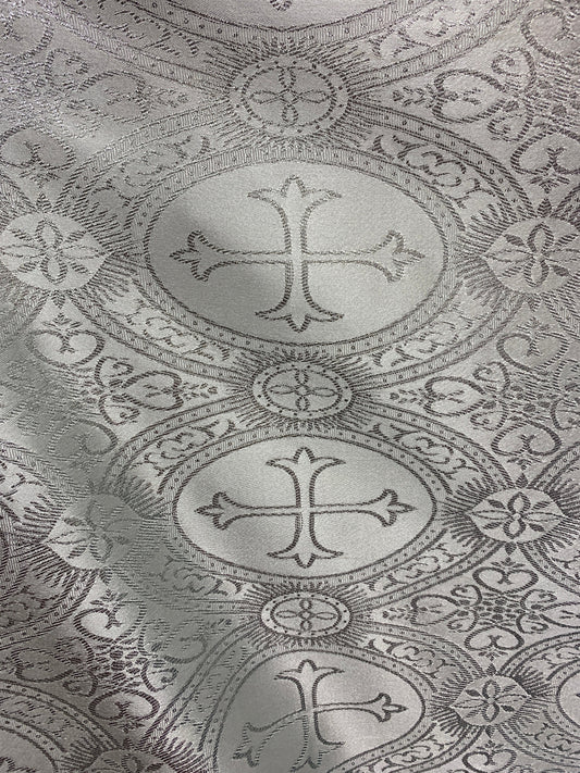 SILVER Metallic Liturgical Cross Brocade Fabric (55 in.) Sold By The Yard