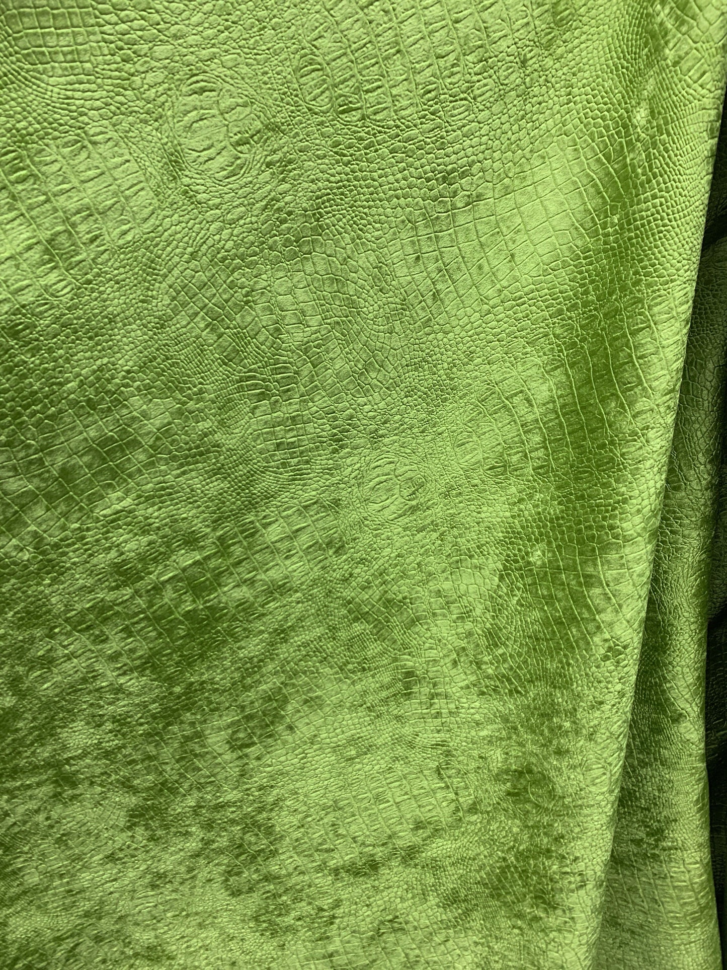 LIME GREEN Alligator Crocodile Embossed Chenille Velvet Fabric (56 in.) Sold By The Yard