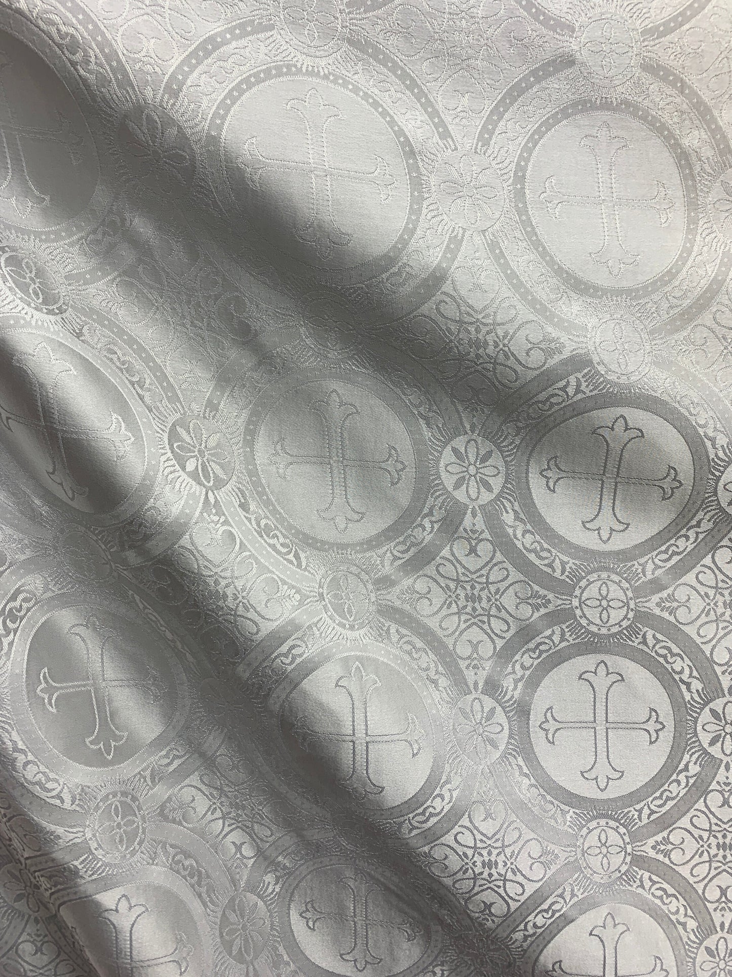 WHITE Liturgical Cross Brocade Fabric (55 in.) Sold By The Yard