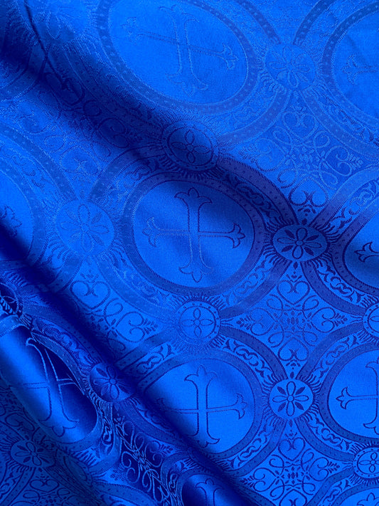 ROYAL BLUE Liturgical Cross Brocade Fabric (55 in.) Sold By The Yard