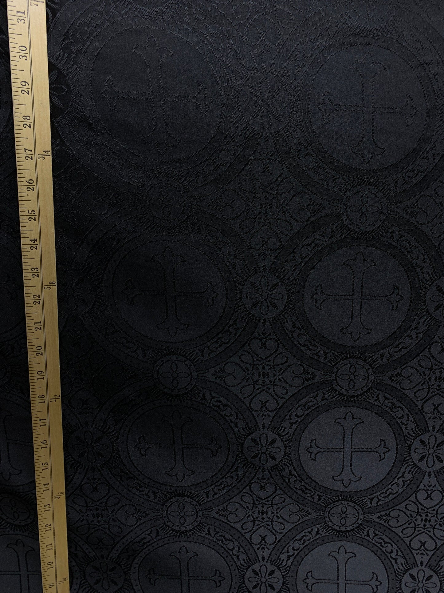 BLACK Liturgical Cross Brocade Fabric (55 in.) Sold By The Yard