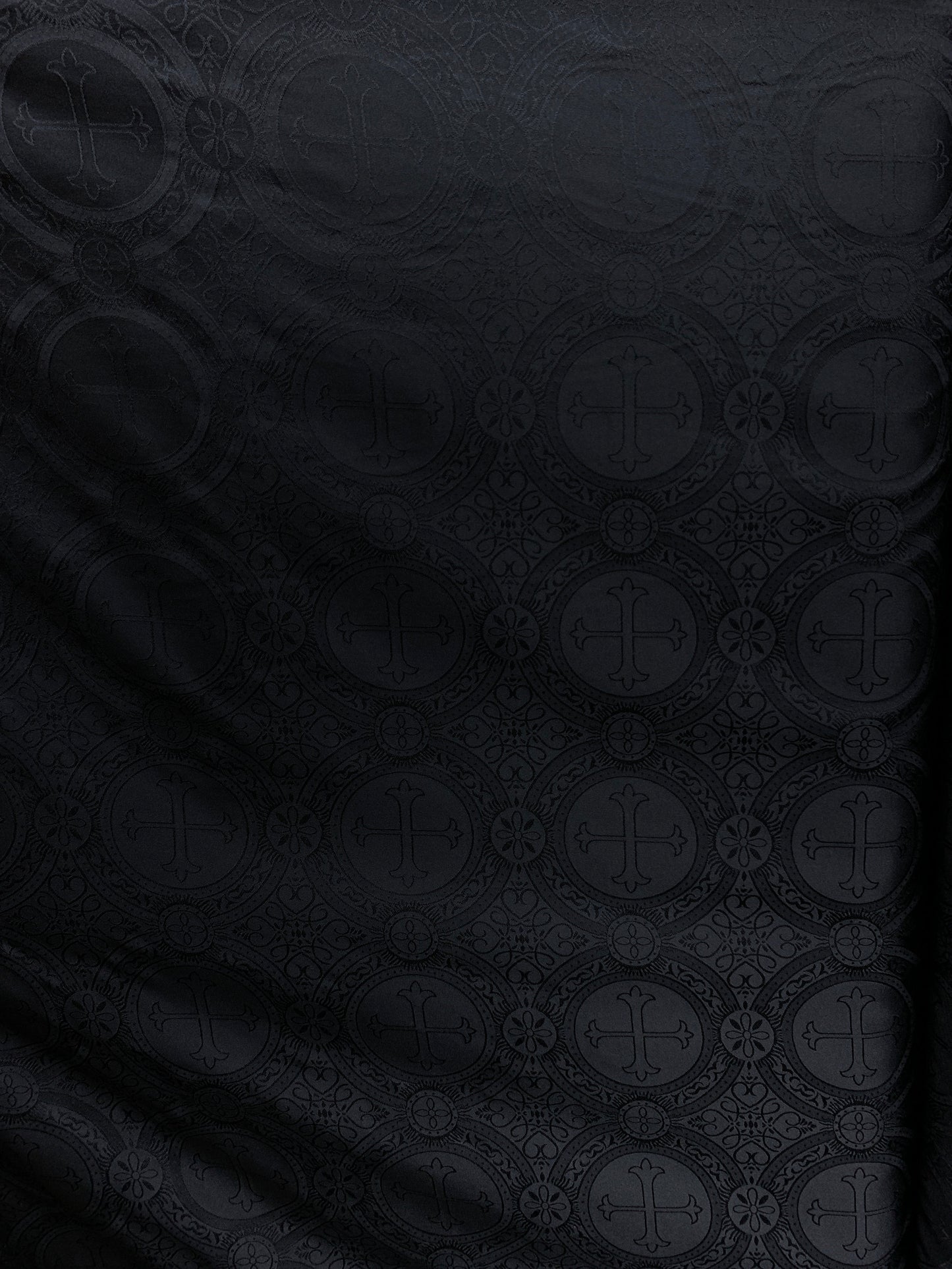 BLACK Liturgical Cross Brocade Fabric (55 in.) Sold By The Yard