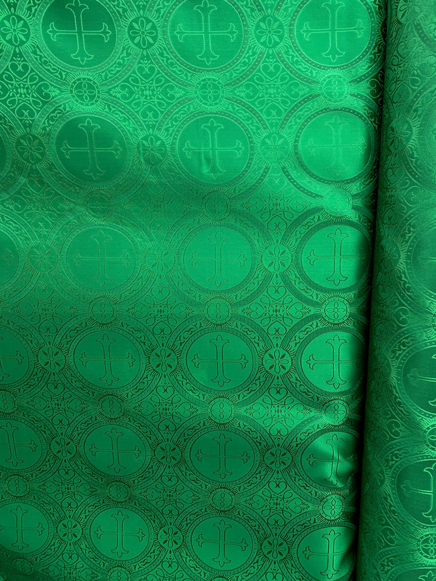 EMERALD GREEN Liturgical Cross Brocade Fabric (55 in.) Sold By The Yard