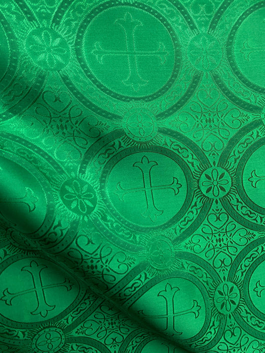 EMERALD GREEN Liturgical Cross Brocade Fabric (55 in.) Sold By The Yard