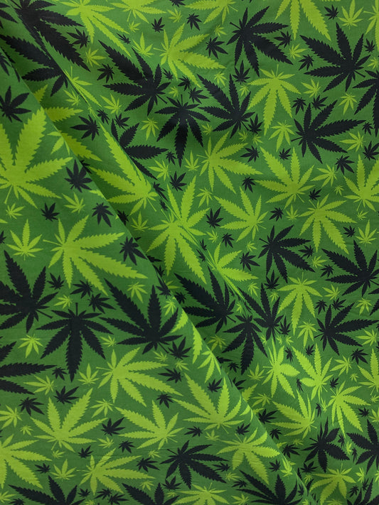 GREEN Marijuana Cannabis Leaf Printed Poly Cotton Fabric (58 in.) Sold By The Yard