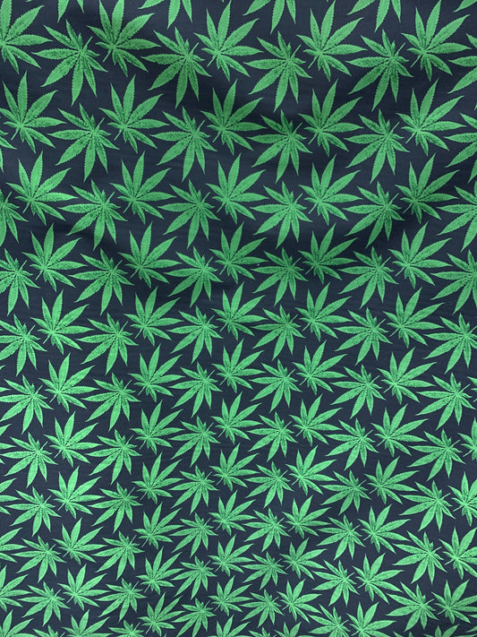 GREEN BLACK Marijuana Cannabis Leaf Printed Poly Cotton Fabric (58 in.) Sold By The Yard