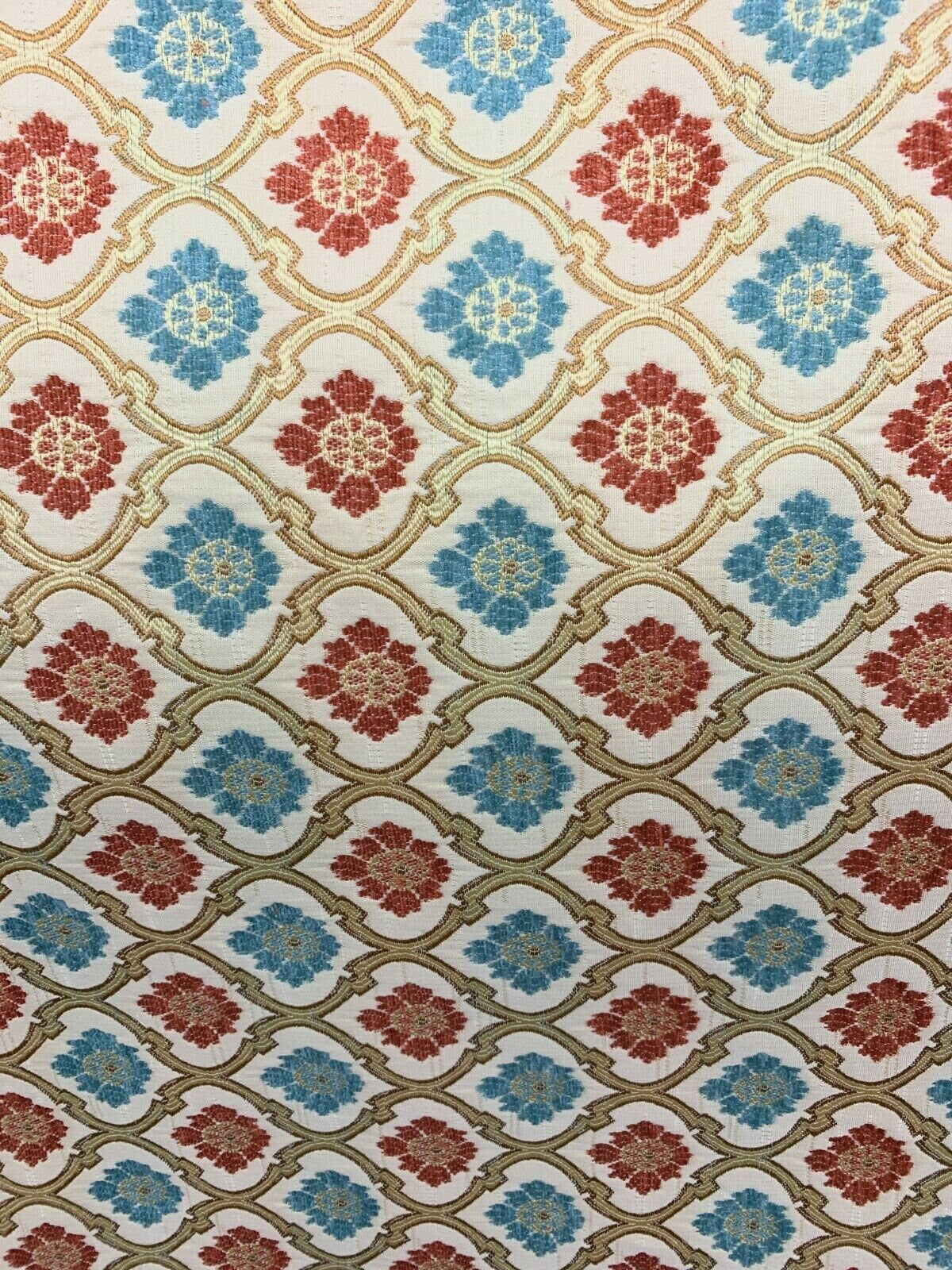 RED BLUE GOLD Floral Trellis Chenille Upholstery Brocade Fabric (56 in.) Sold By The Yard