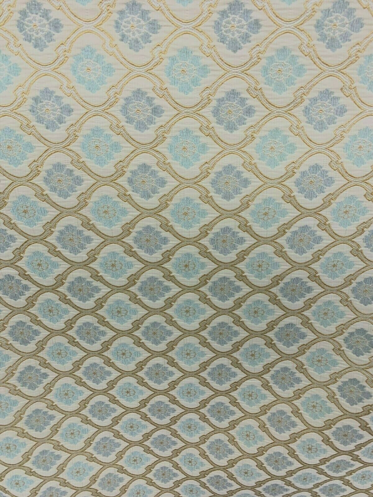 LIGHT BLUE GOLD Floral Trellis Chenille Upholstery Brocade Fabric (56 in.) Sold By The Yard