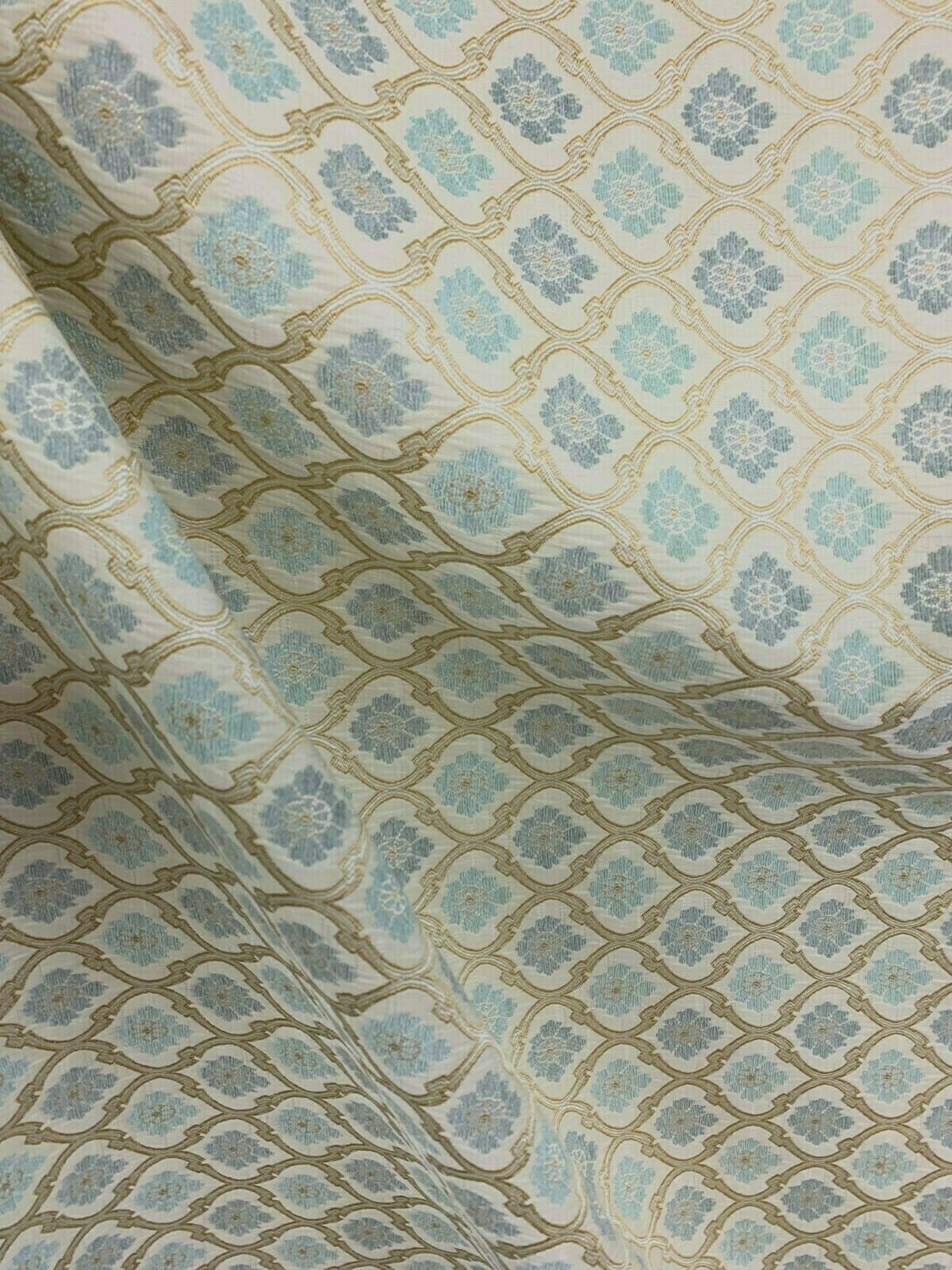 LIGHT BLUE GOLD Floral Trellis Chenille Upholstery Brocade Fabric (56 in.) Sold By The Yard