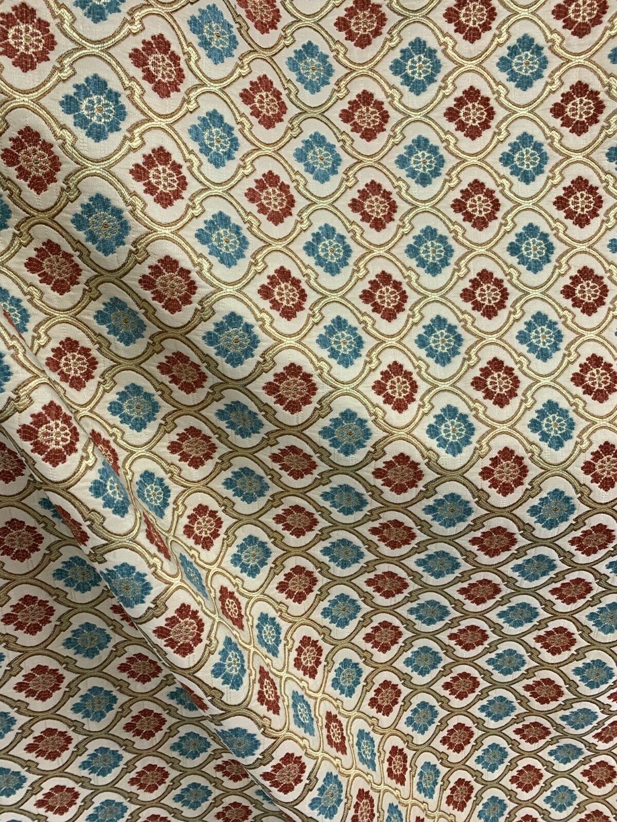 RED BLUE GOLD Floral Trellis Chenille Upholstery Brocade Fabric (56 in.) Sold By The Yard