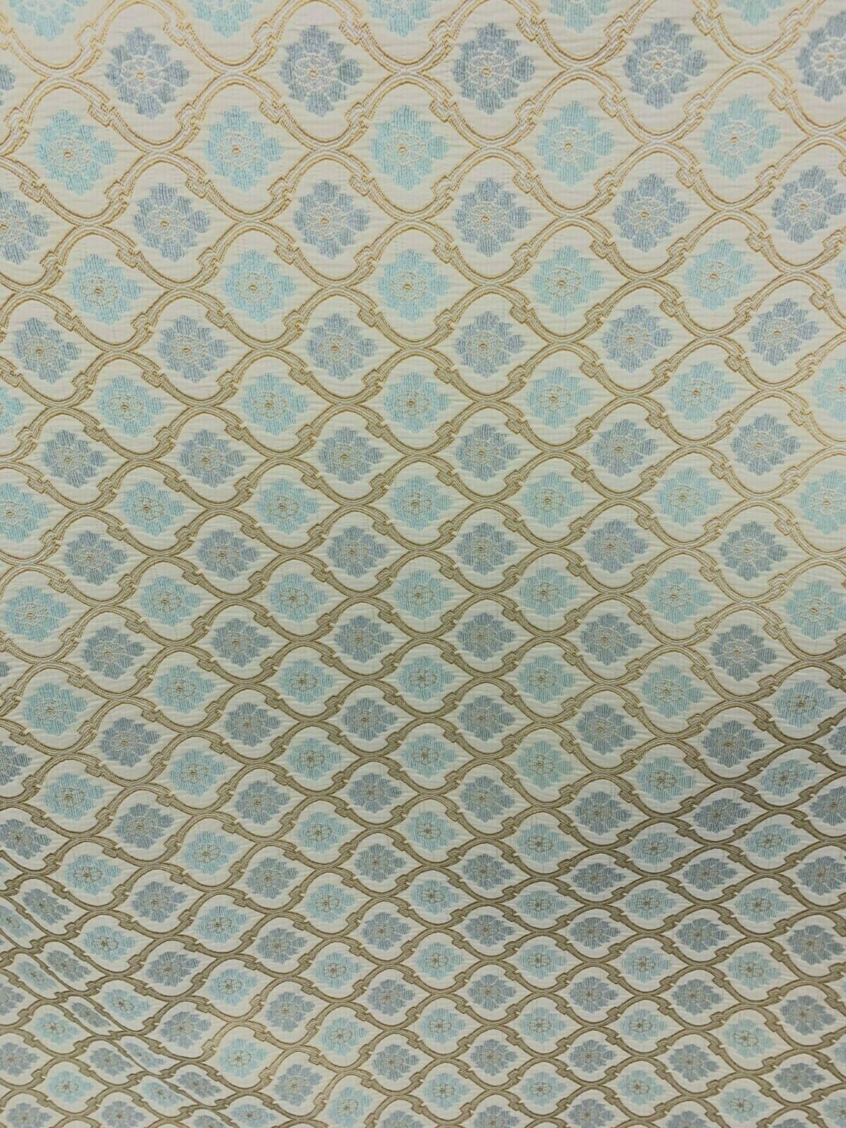 LIGHT BLUE GOLD Floral Trellis Chenille Upholstery Brocade Fabric (56 in.) Sold By The Yard