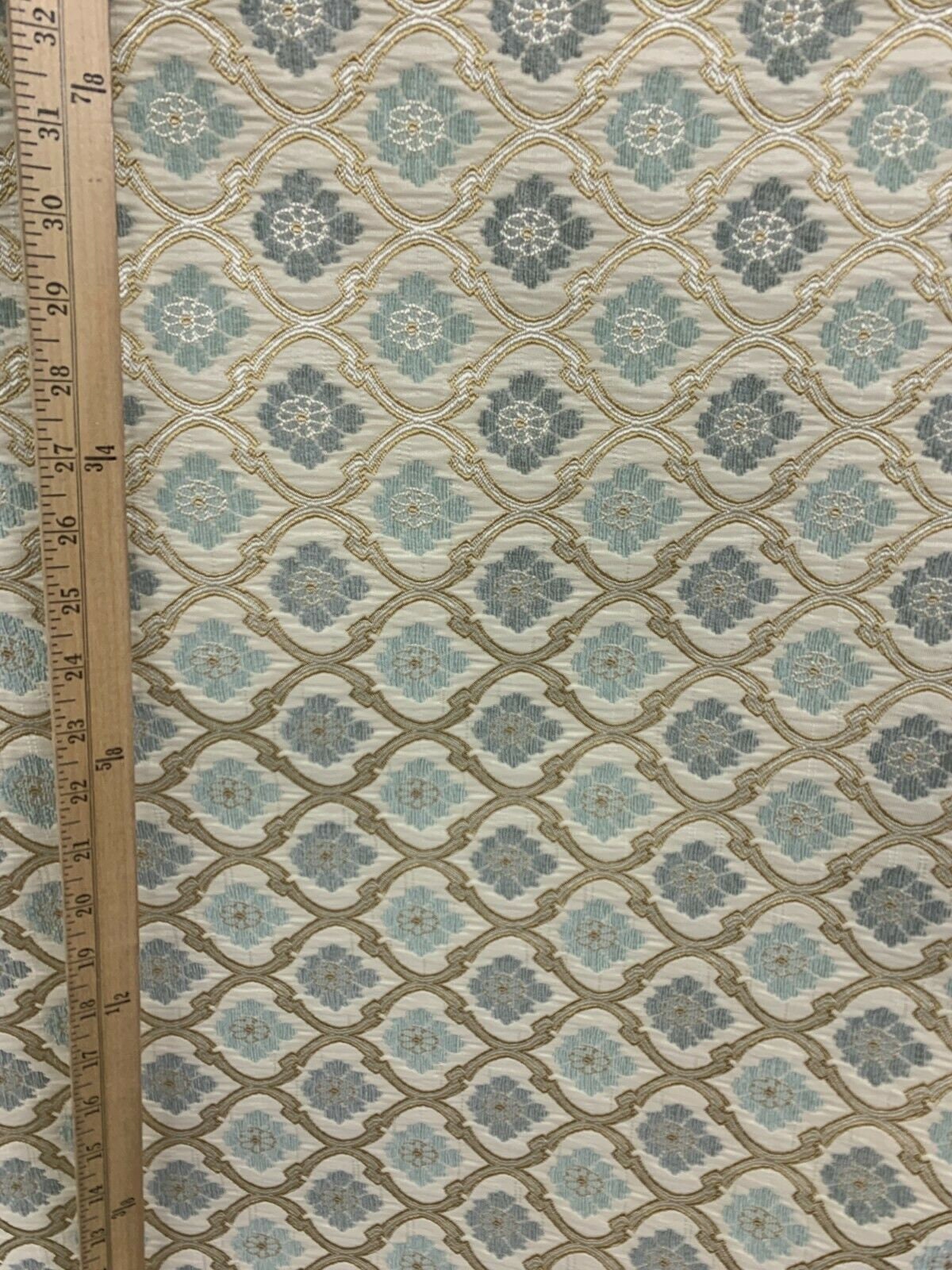 LIGHT BLUE GOLD Floral Trellis Chenille Upholstery Brocade Fabric (56 in.) Sold By The Yard