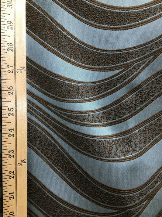 BLUE BROWN Floral Wavy Brocade Upholstery Drapery Fabric (54 in.) Sold By The Yard