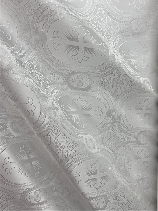 WHITE Liturgical Cross Brocade Fabric (55 in.) Sold By The Yard