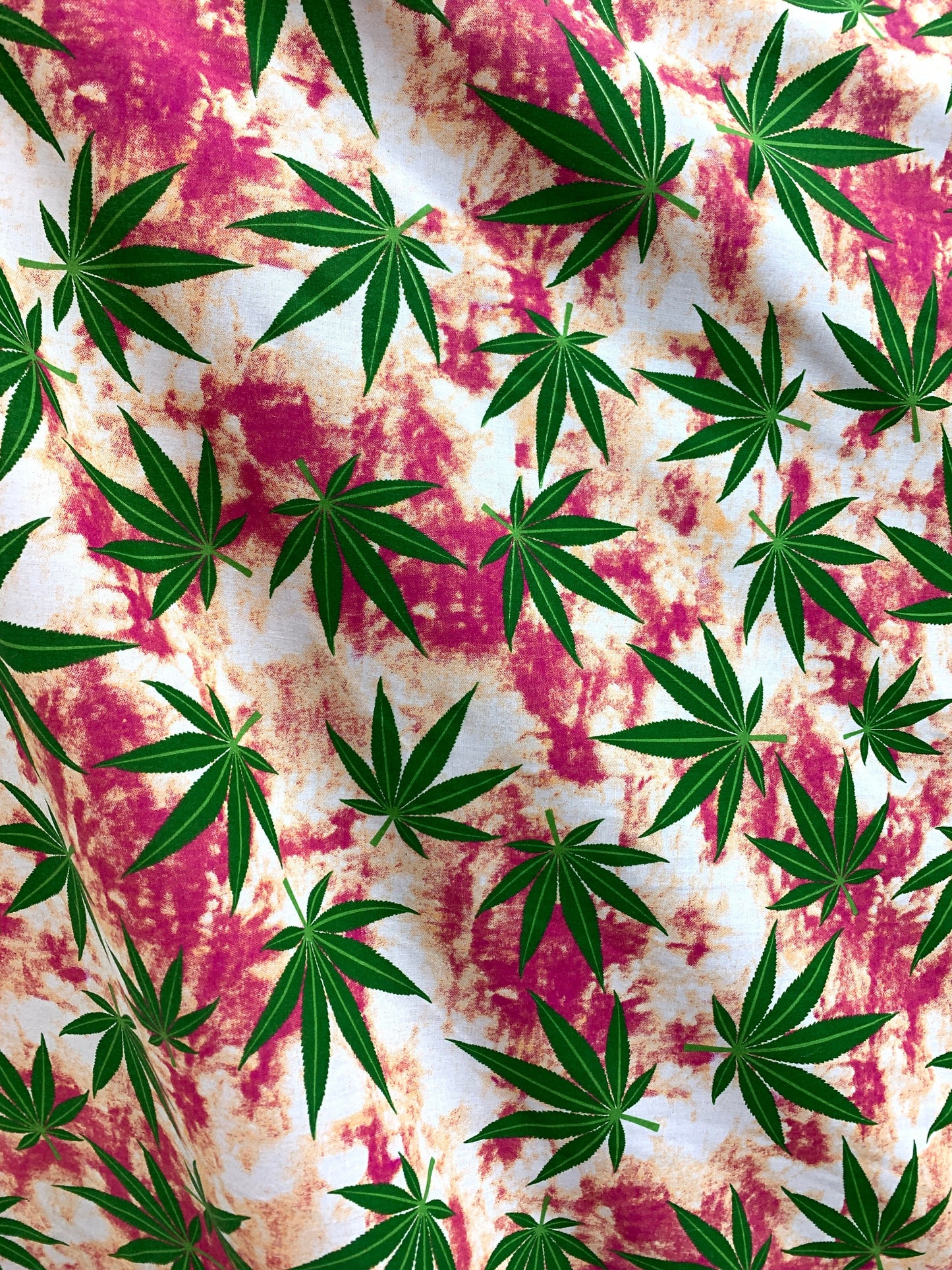 GREEN FUCHSIA Marijuana Cannabis Leaf Printed Poly Cotton Fabric (58 in.) Sold By The Yard