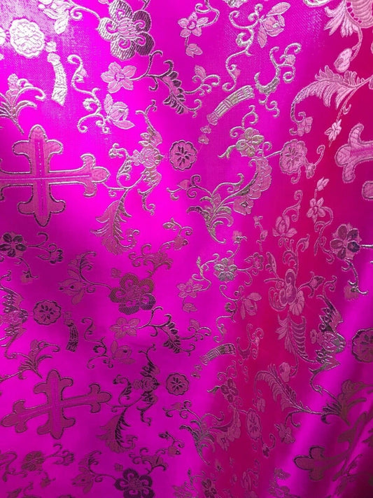 FUCHSIA PINK SILVER Metallic Liturgical Cross Brocade Fabric (56 in.) Sold By The Yard