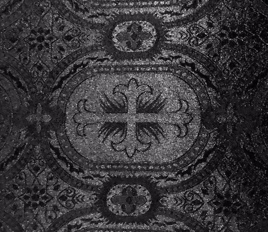 BLACK Liturgical Cross Brocade Fabric (55 in.) Sold By The Yard