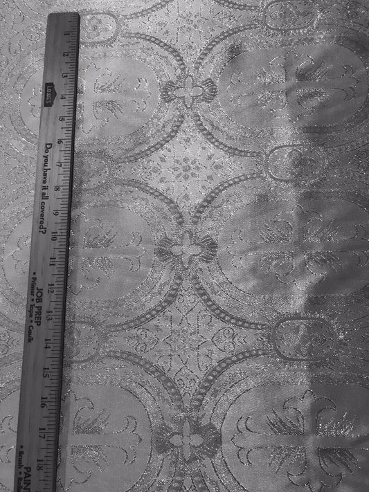 SILVER Metallic Liturgical Cross Brocade Fabric (55 in.) Sold By The Yard