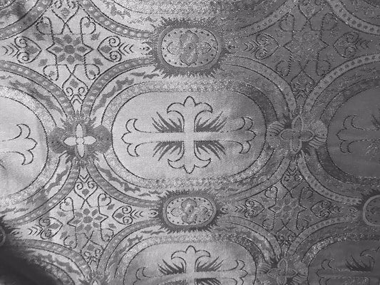 SILVER Metallic Liturgical Cross Brocade Fabric (55 in.) Sold By The Yard