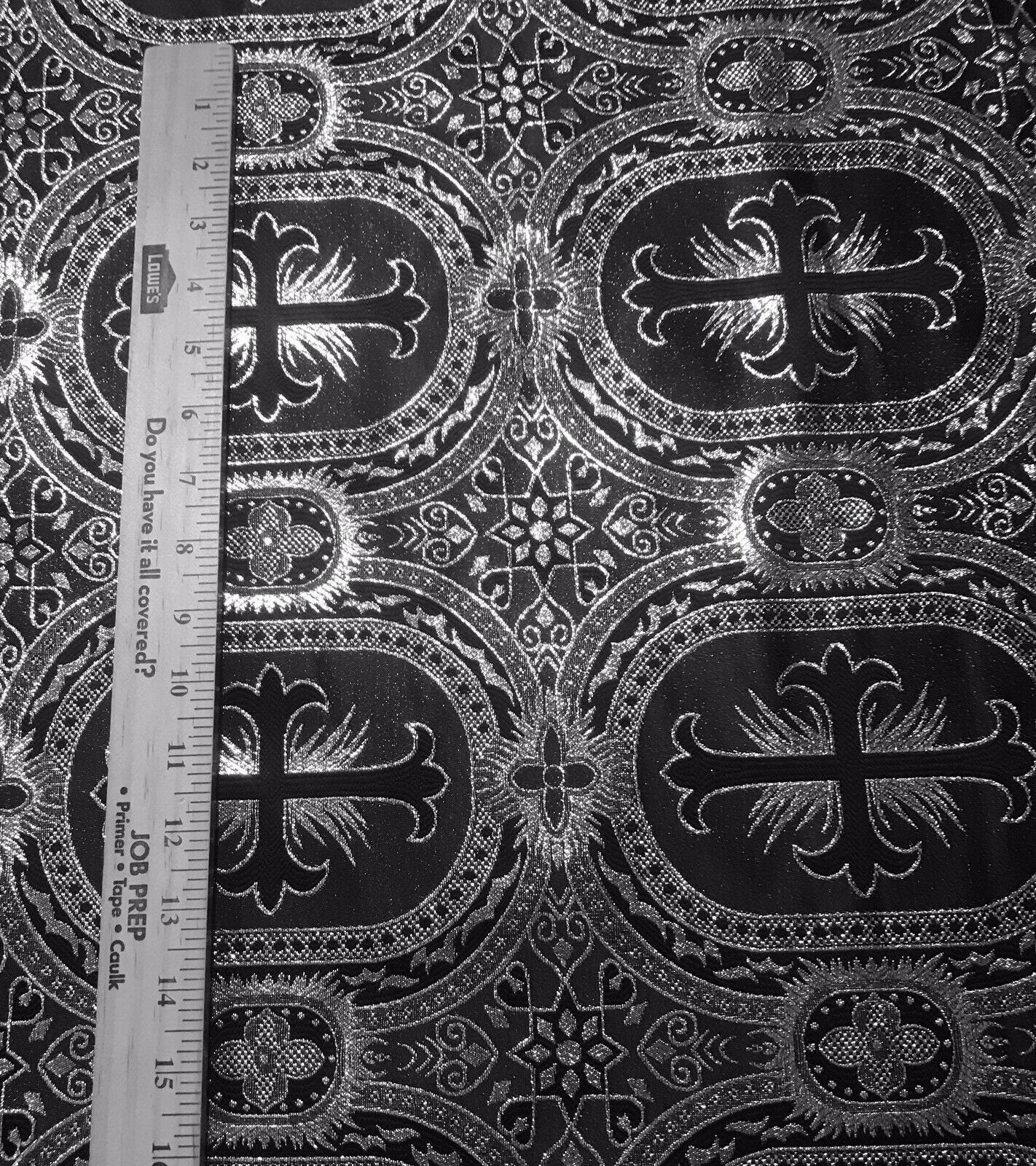 BLACK SILVER Metallic Liturgical Cross Brocade Fabric (55 in.) Sold By The Yard