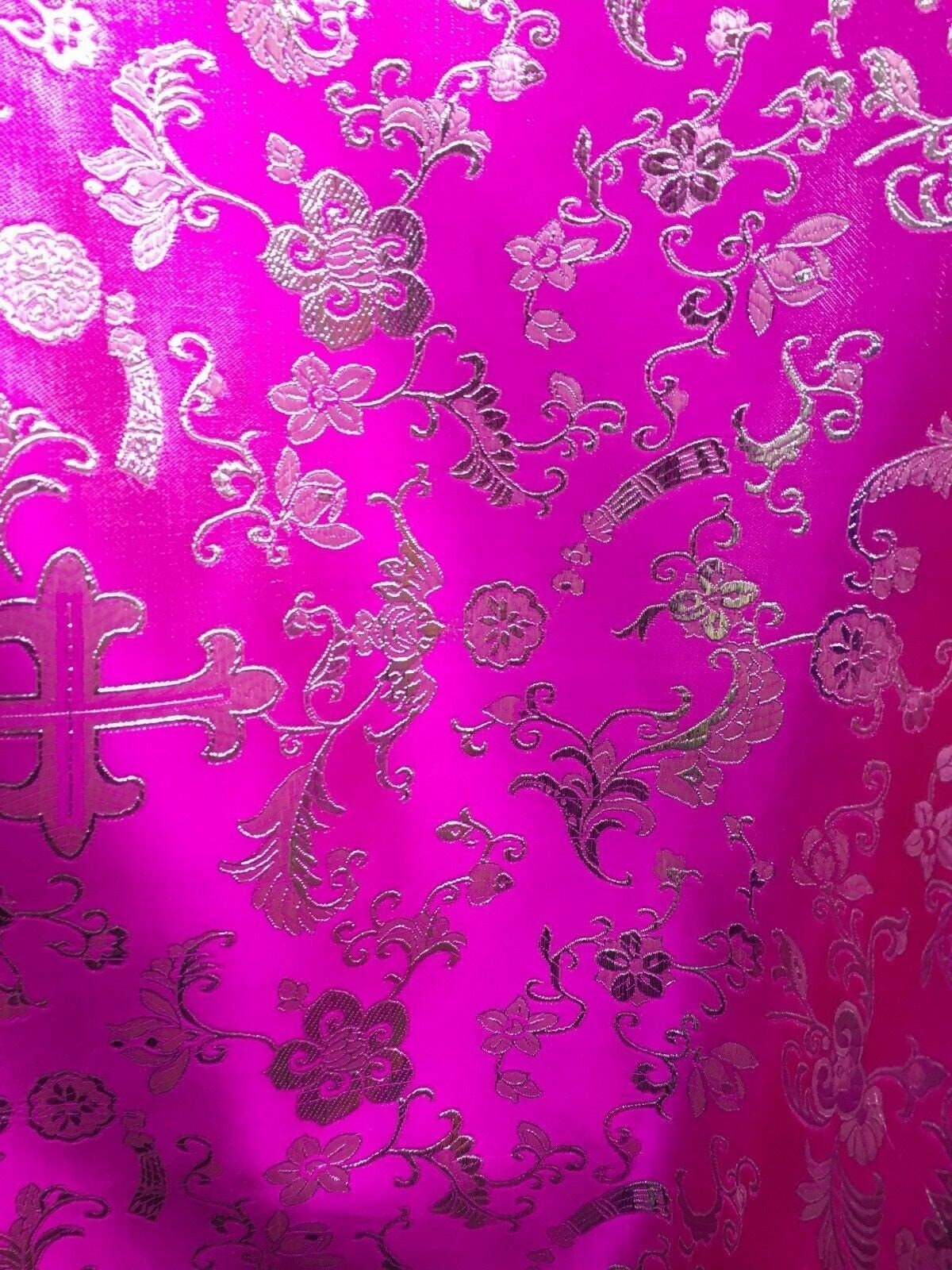 FUCHSIA PINK SILVER Metallic Liturgical Cross Brocade Fabric (56 in.) Sold By The Yard