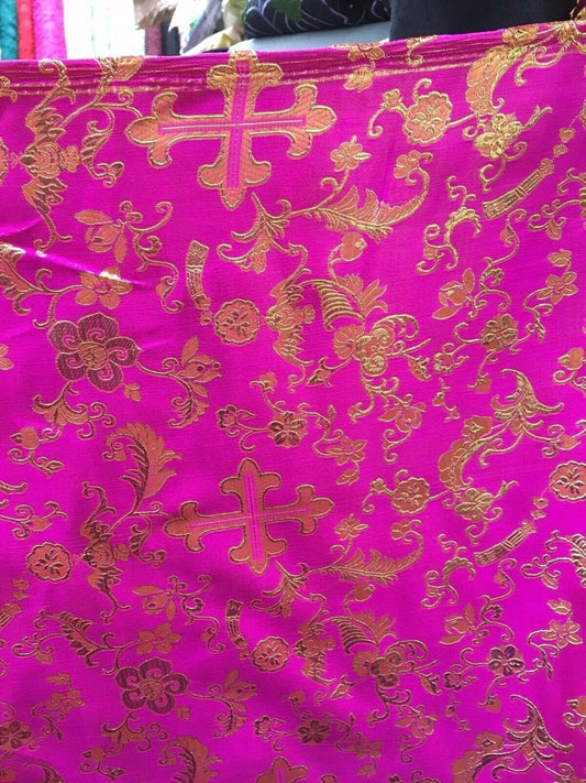 FUCHSIA PINK GOLD Metallic Liturgical Cross Brocade Fabric (56 in.) Sold By The Yard