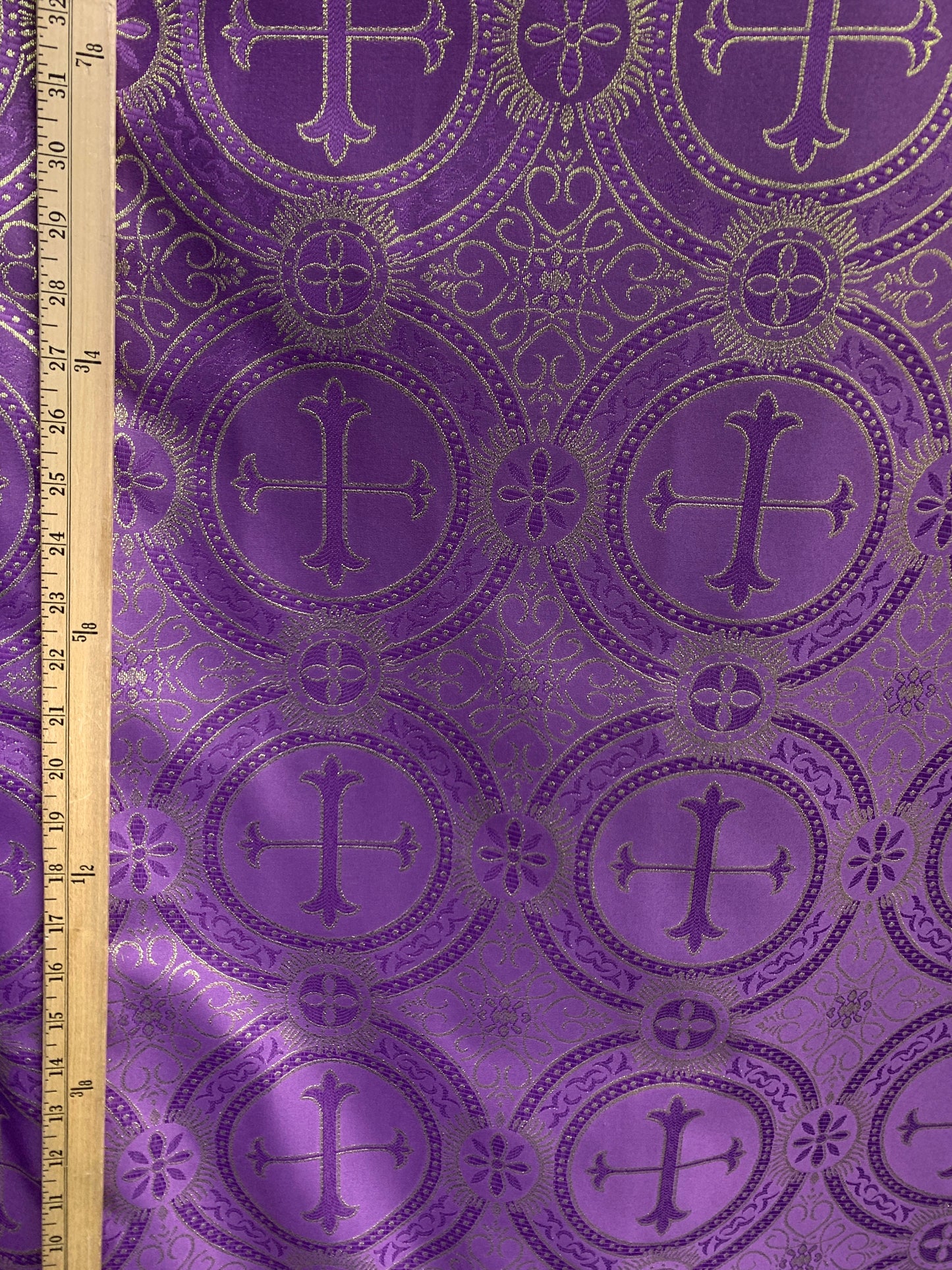 PURPLE GOLD Metallic Liturgical Cross Brocade Fabric (55 in.) Sold By The Yard