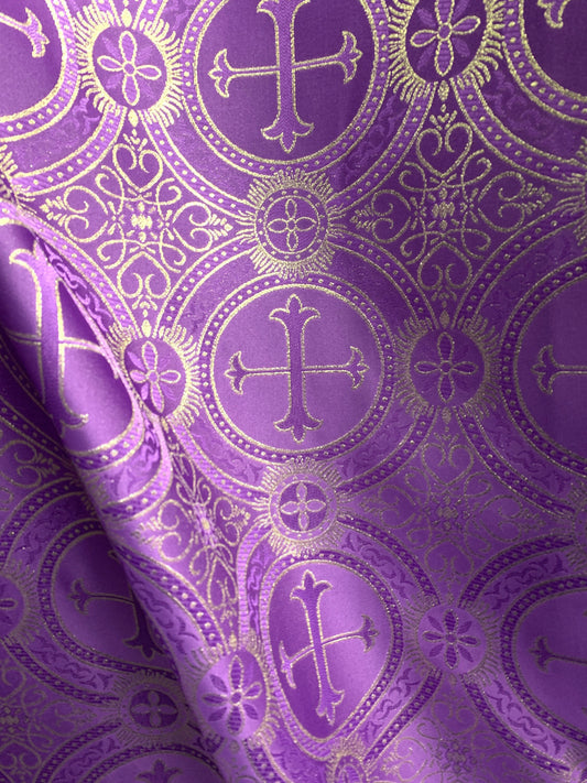 PURPLE GOLD Metallic Liturgical Cross Brocade Fabric (55 in.) Sold By The Yard