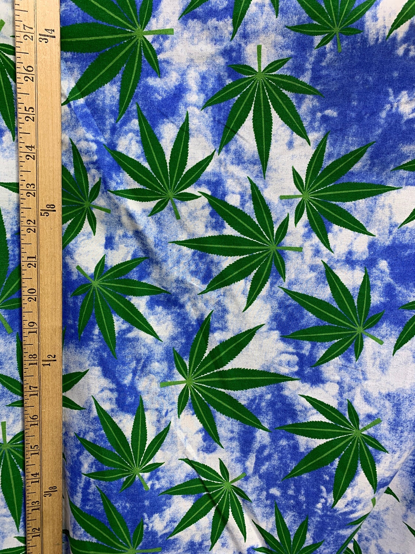 BLUE GREEN Marijuana Cannabis Leaf Printed Poly Cotton Fabric (58 in.) Sold By The Yard