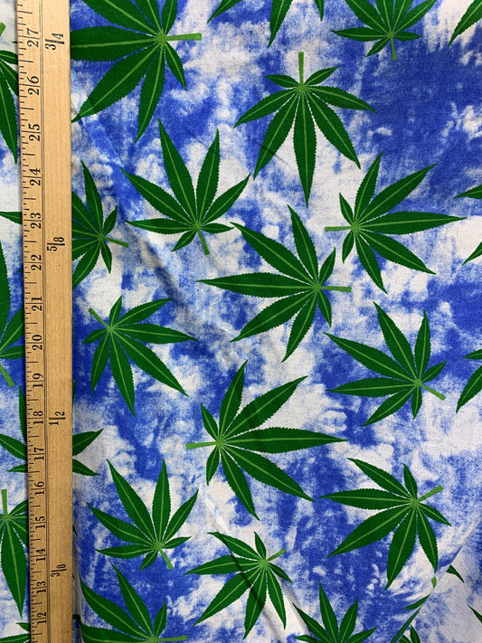 BLUE GREEN Marijuana Cannabis Leaf Printed Poly Cotton Fabric (58 in.) Sold By The Yard